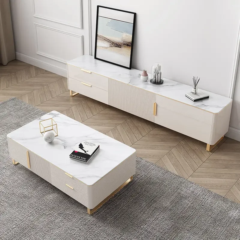 Luxury living room furniture center marble coffee table modern gold stainless steel frame TV stand buffet cabinet set