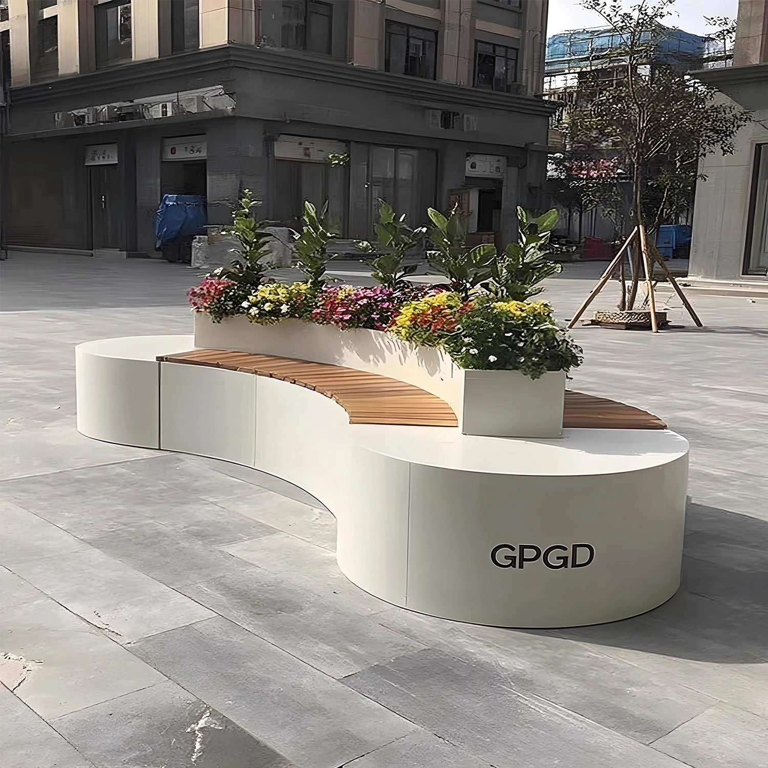 

Curved outdoor flower box seat chair, commercial street square, municipal landscape planter, planting flower bed seat