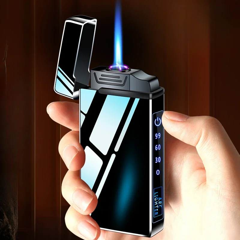 GasElectric Jet Lighter Metal Windproof Flameless Electric Lighter Power Display USB Rechargeable Plasma Lighter with Flashlight