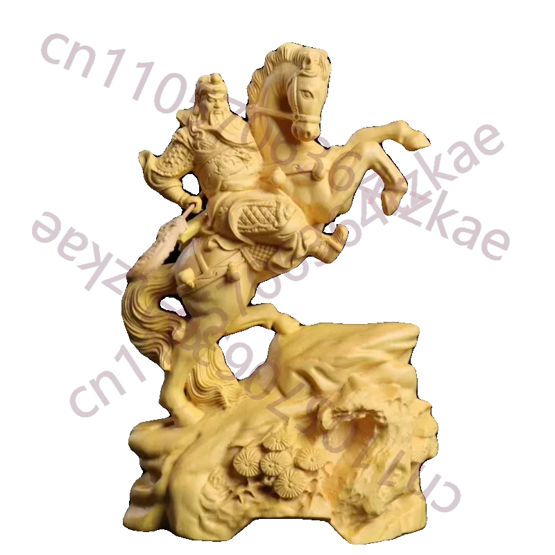Hand Carved Wooden Horseback Guan Gong Guan Yu Statue - Wealth Warrior God Feng Shui Figurine Home Office Desktop Decor