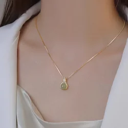 Fashion Light Green Jade Pendant Necklaces Stainless Steel for Women Trendy Retro Style Female Clavicle Chain Jewelry