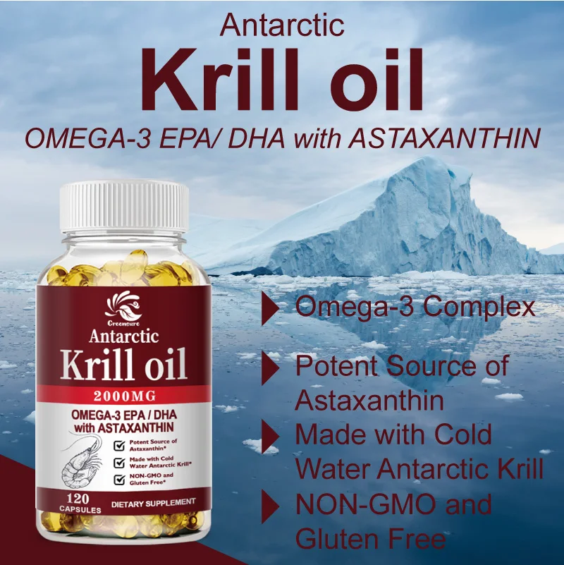 Greenure krill Oil | 2000มก. กับแอสตาแซนธิน, Omega 3, DHA, EPA และ phospholipids | ไม่มีกลิ่นไม่มีรสชาติคาว | 60/120แคปซูล