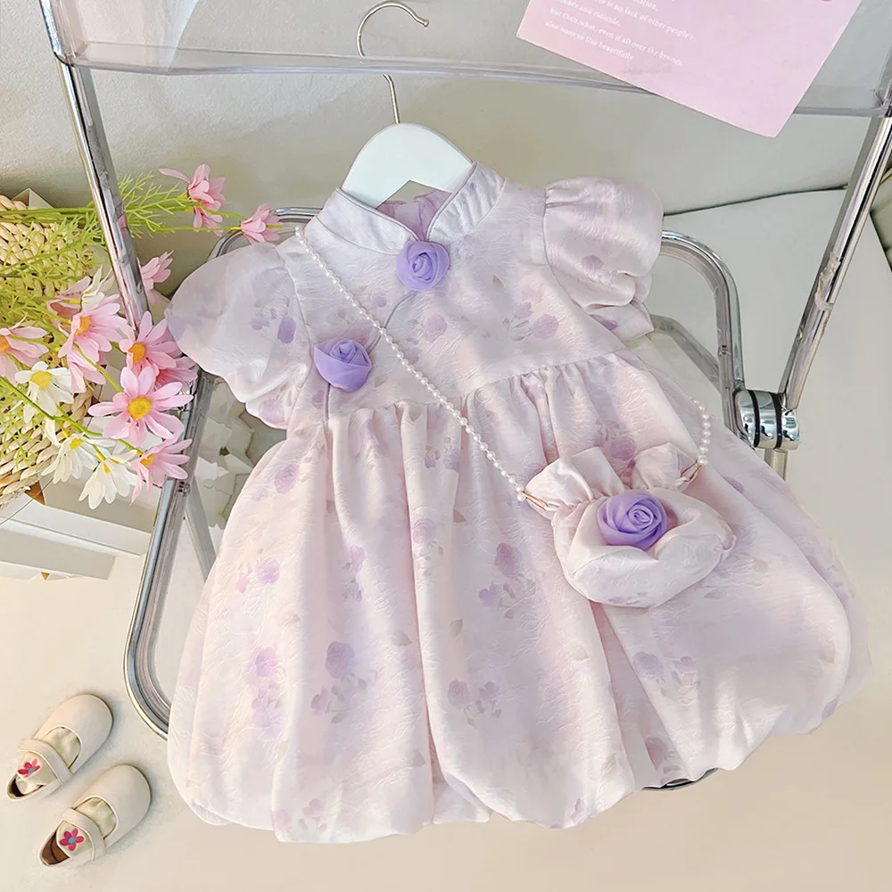 

Милое платье с разбросанным маленьким цветком для девочек, новинка лета 2024, милая сумка принцессы с жемчугом и розой, розовый, фиолетовый