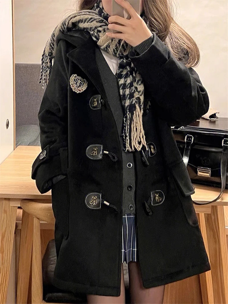 Korean College Style Horn Button Winter Coat Women Black Woolen JK Uniform Medium Length Hooded Coat School Girls Thick Jacket