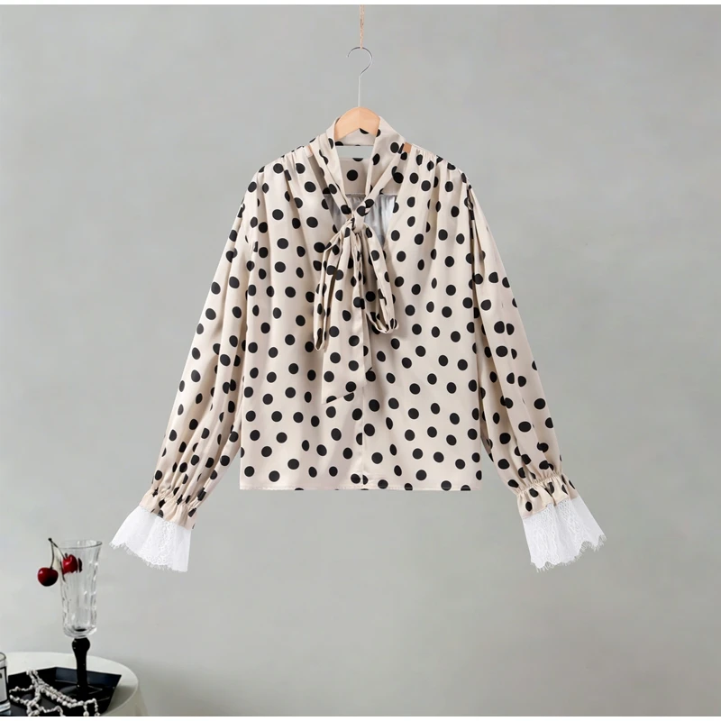 Damen Polka Dot Maxikleid mit Gürtel, tiefem V-Ausschnitt, langen Ärmeln, Satin-Kleider, Frühjahr 2026, lässige Alltags- und Abendgarderobe, schicke Robe – Detail 5