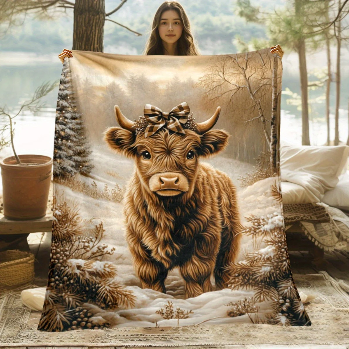 Flanelldecke mit Highland Cow Winter Scene |   Weiche, warme Ganzjahres-Bauernhausdekoration und Geschenk für mehrere Gelegenheiten