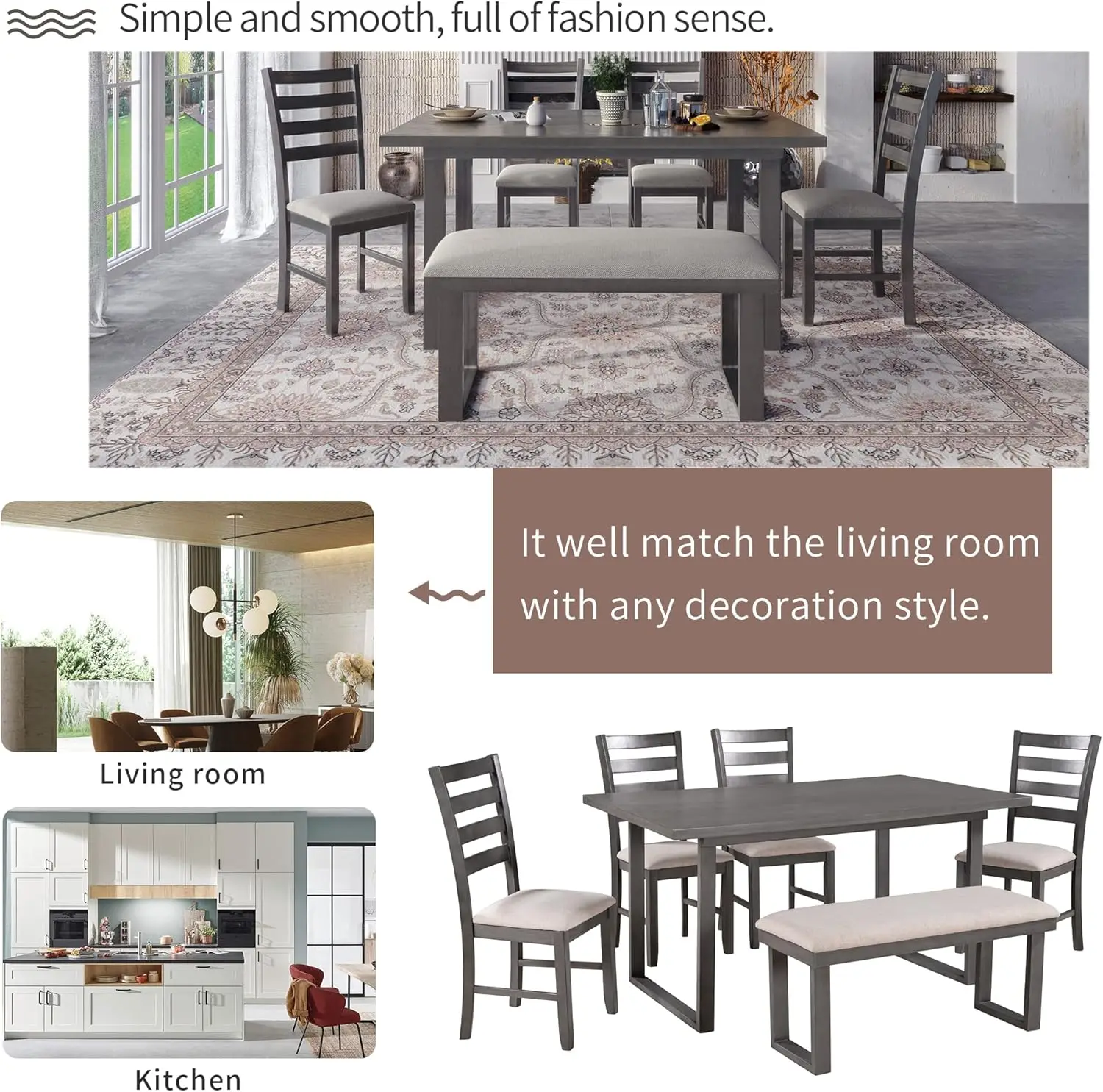 6 Piece Dining Table Set, Kitchen Table Set With Rectangular Table And 4 High Back Upholstered Dining Chairs And Tufted Bench,