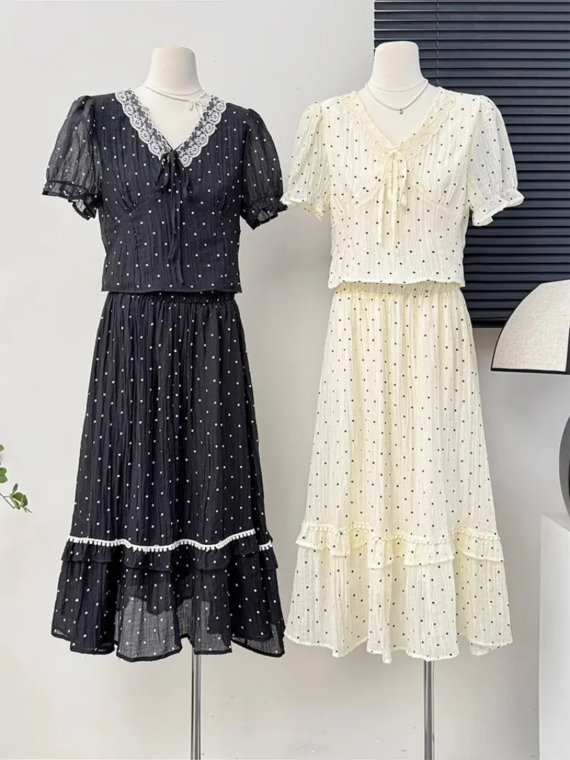 

V Neck Lace Patchwork Puff Sleeve Chiffon Top Suit+high Waist Polka Dot Print Skirt Outfits Y2k Chic Summer Set Women 2 Pieces