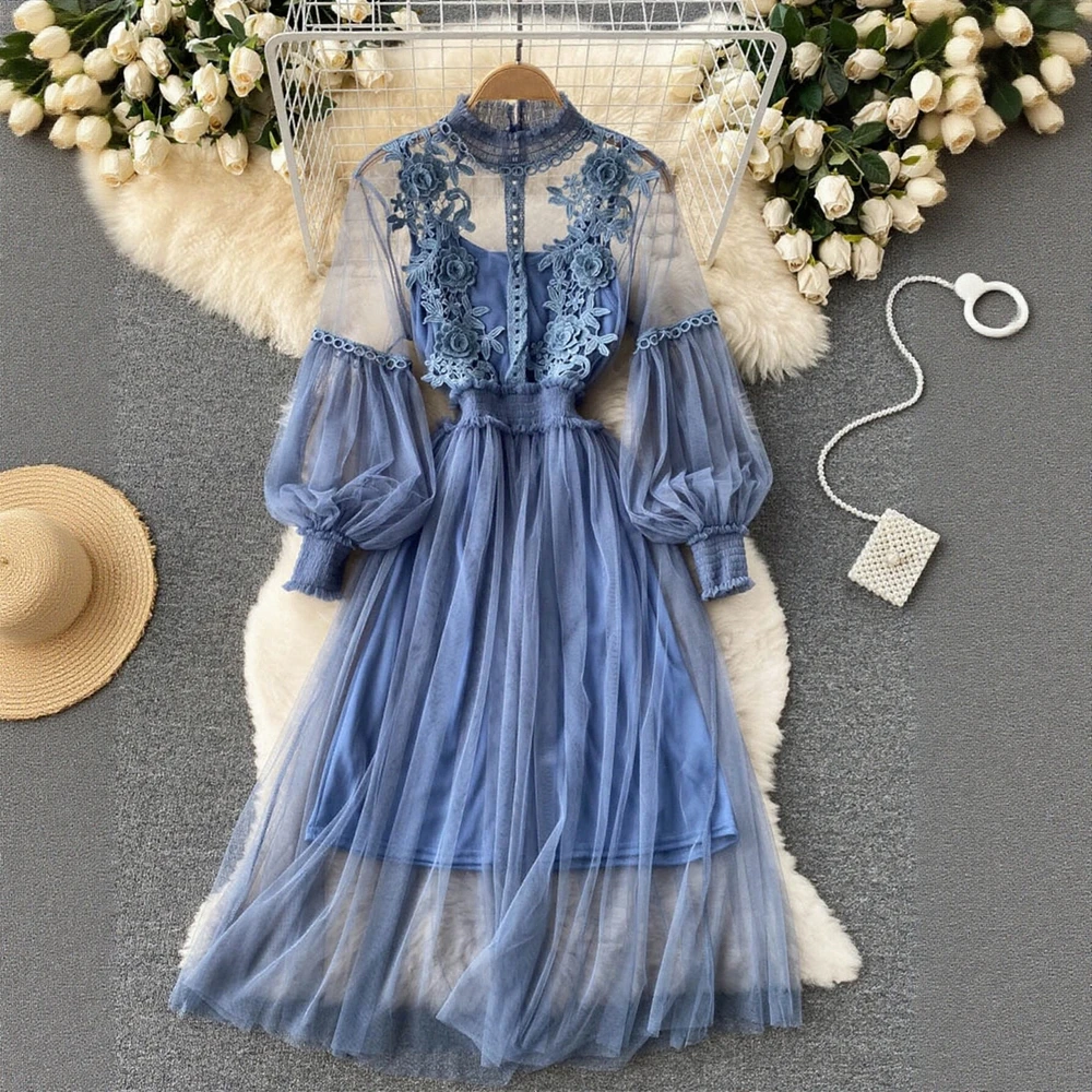 Women's Long Sleeve Crew Neck Midi Dress Autumn Winter Fashion Sheer Solid Color A-Line Vacation Dress