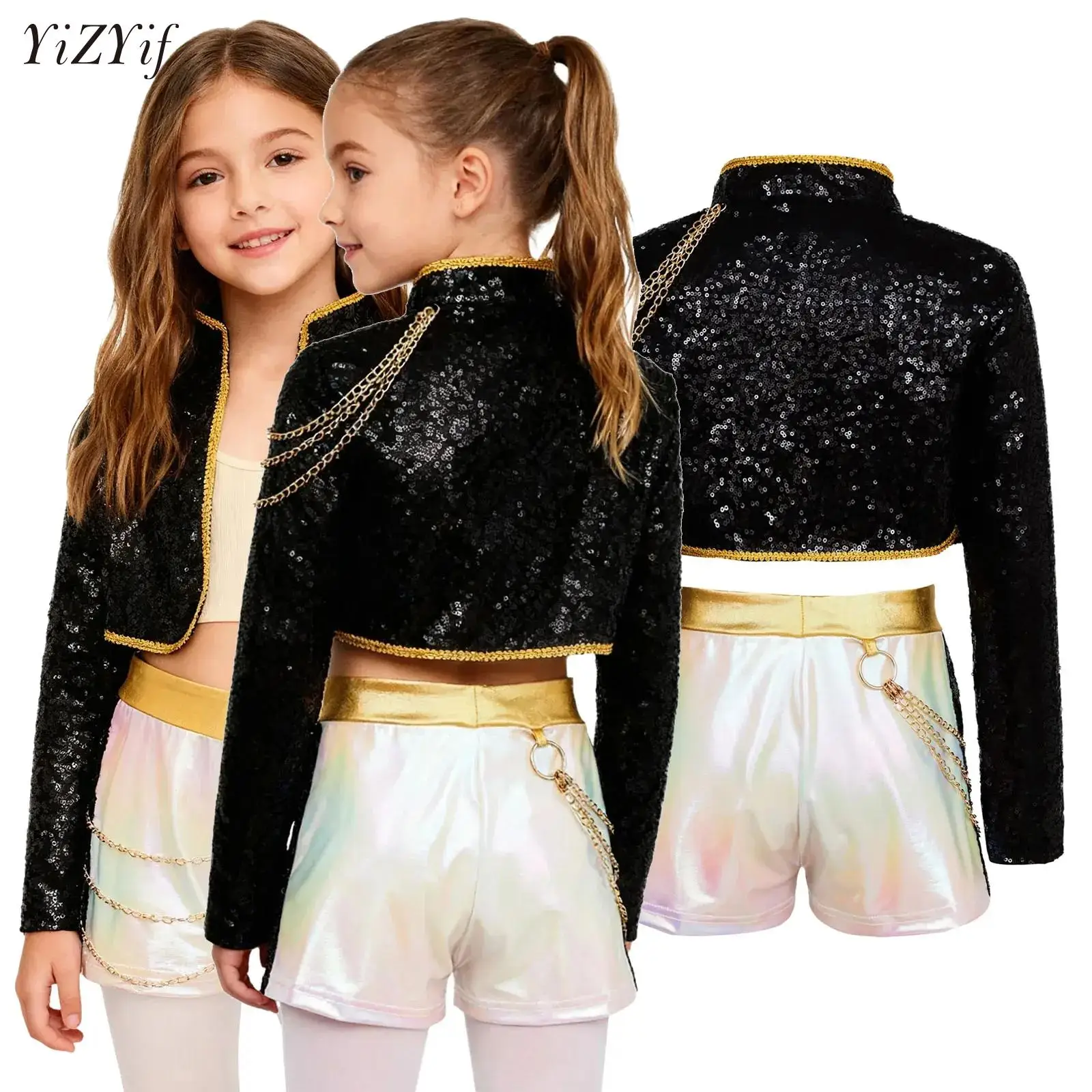 

Big Girls Singer Dance Outfit Sequins Decor Hunter Anime Character Demon Cosplay Costume Shiny Jacket with Shorts/Skirt Suit