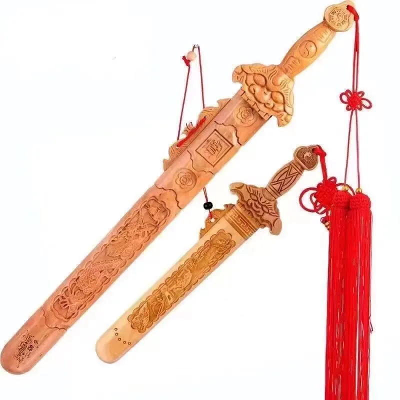 Peach Wood Dragon Tiger Sword Feng Shui Pendant Home Lucky Ornament Wholesale