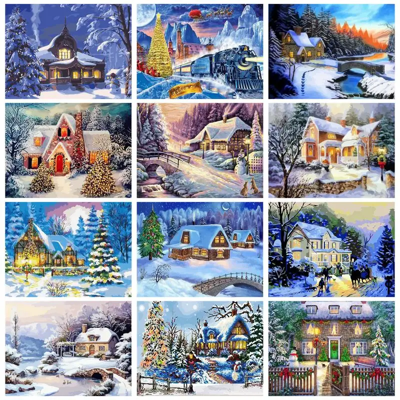 

GATYZTORY Modern Paint By Numbers For Adults Winter Landscape Snow House Home Decors Coloring On Numbers Handicrafts Diy Gift