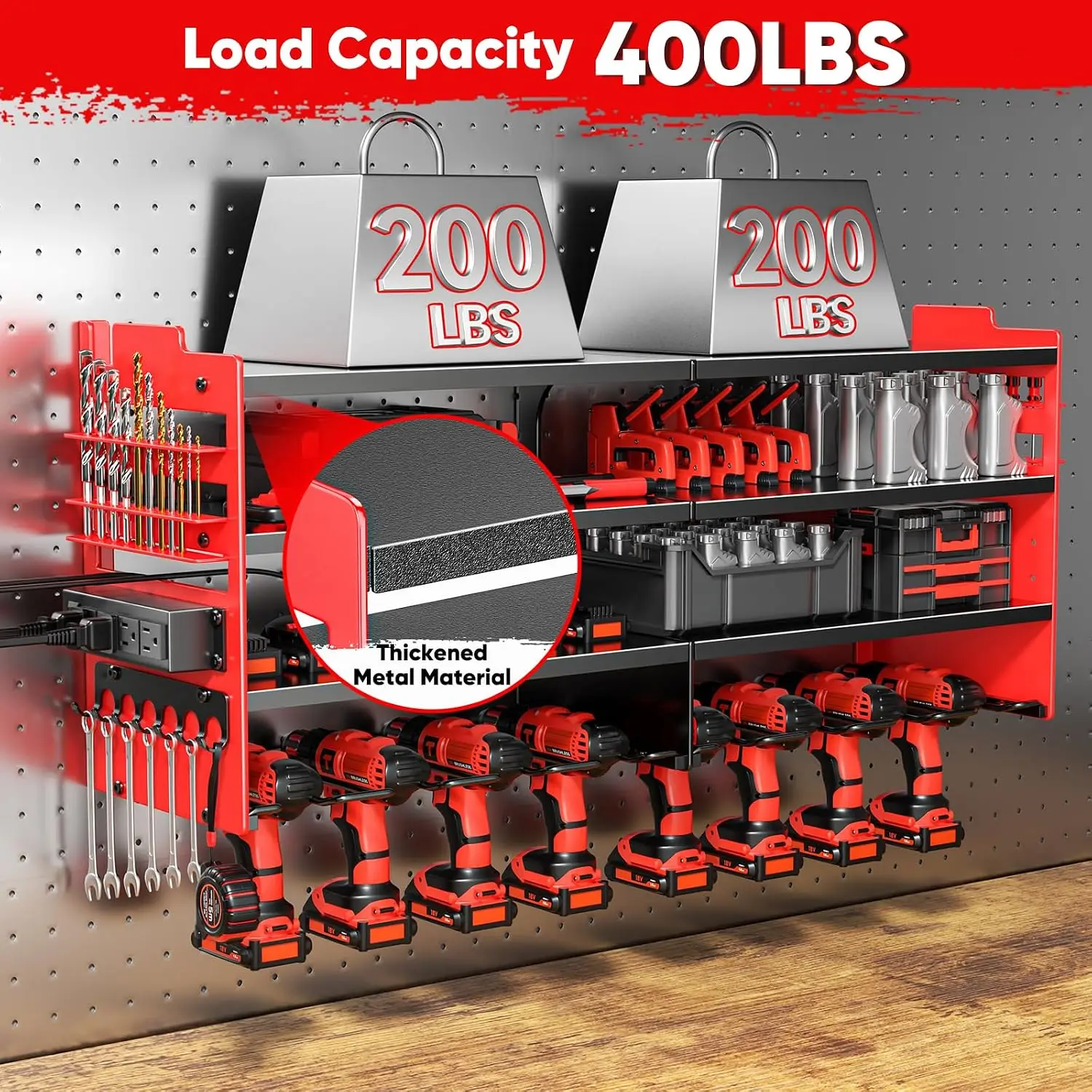 Heavy Duty Tool Organizer Wall Mount with Charging Station, 4-Tier Metal Shelf, 600lbs Capacity, 8 Drill Holders, 4-Outlet Power Strip - view 4