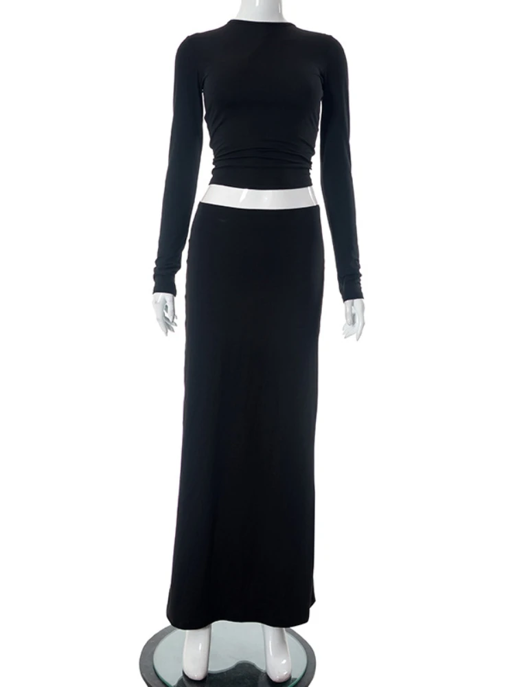 XIZOU Womens Two Peice Skirt Sets Round Neck Long Sleeve Tops and Solid Long Casual Skirt Streetwear Summer Women Clothing