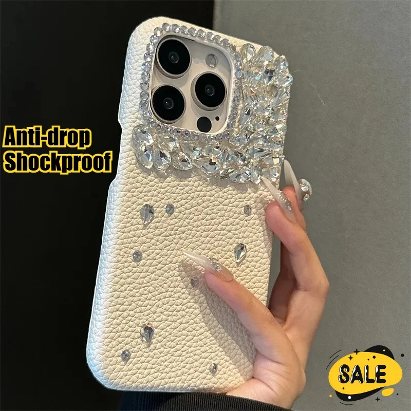 

Shockproof Fashionable Luxury Lychee Leather Grain Phone Case for Iphone15 14 13 12Pro Max with Diamond Handmade Protector Cover