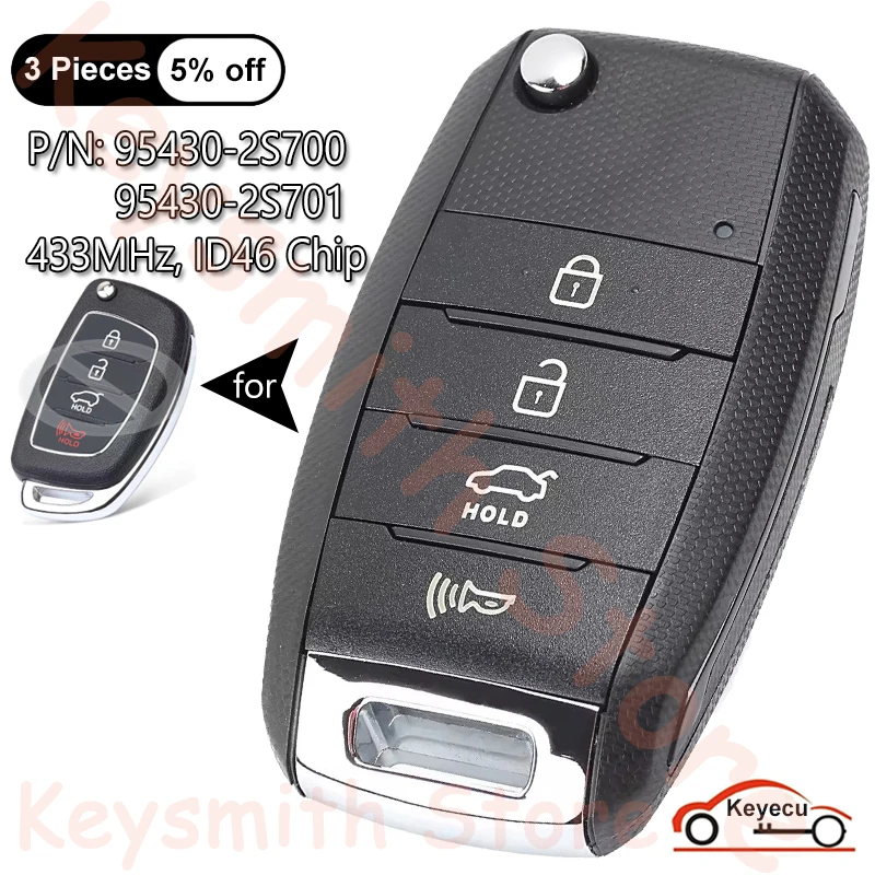 KEYECU 4 Buttons 433MHz ID46 Chip for Hyundai Tuscon 2011 2012 2013 2014 Upgraded Flip Remote Key Fob 95430-2S700 / 95430-2S701