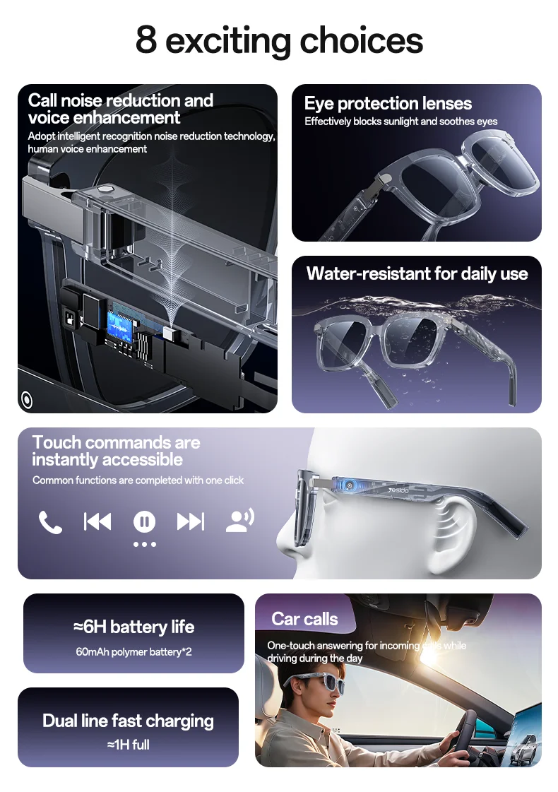 Waterproof Bluetooth Smart Glasses Microphone Anti Glare Noise Reduction Voice Enhancement Hands Free Call Eyewear