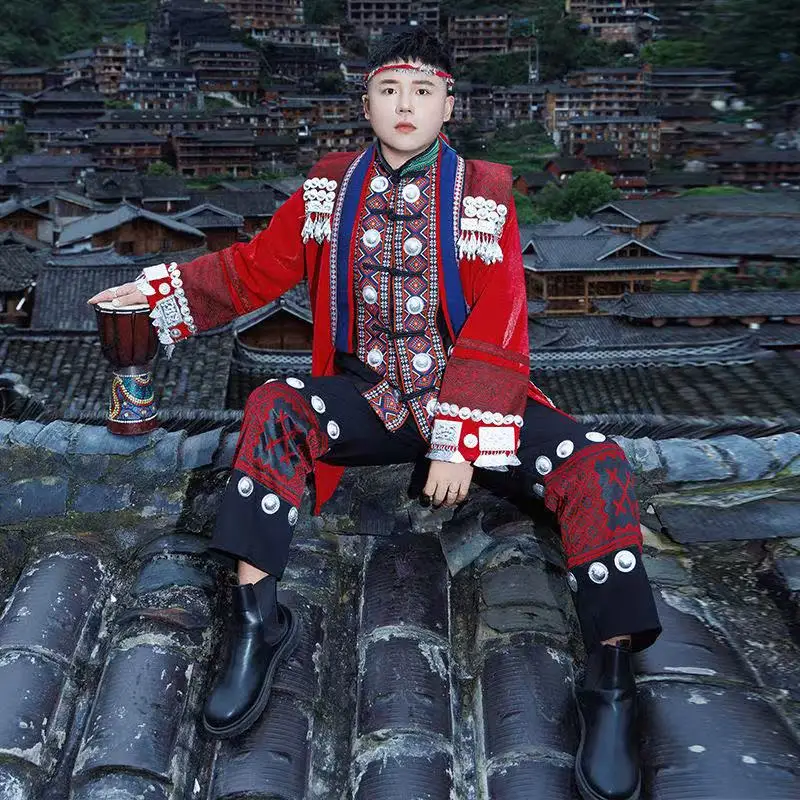 

Мужская униформа хмонг в китайском национальном стиле, традиционный костюм Мяо в этническом стиле меньшинств, винтажный мужской костюм
