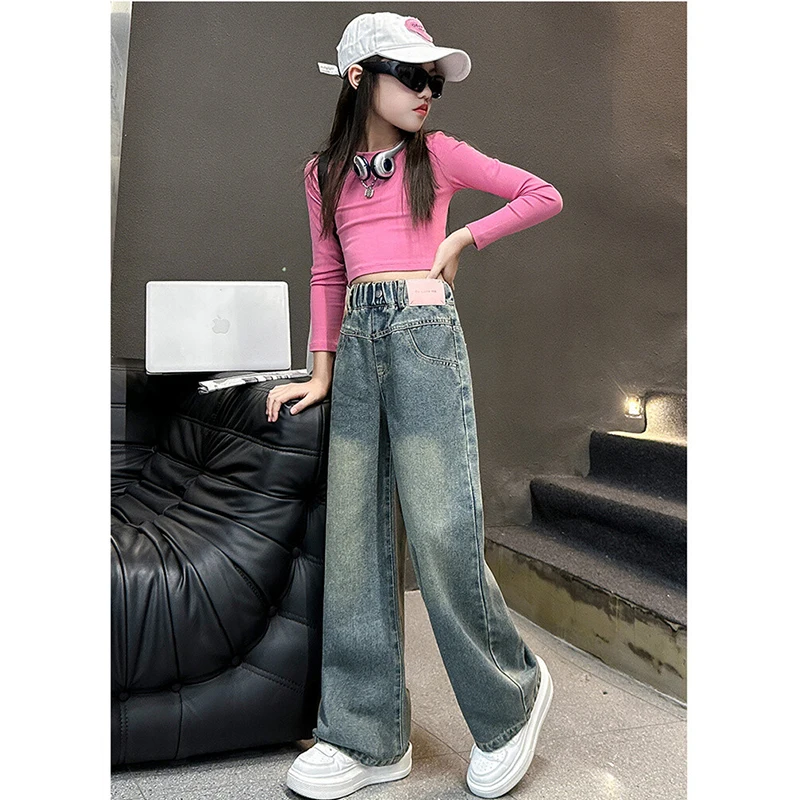 5-14 Jahre Frühling Herbst Mädchen-Jeans, modische Retro- und Vintage-Hose mit fünfzackigem Sternmuster und Stickerei, weit geschnittene Hose für Teenager-Mädchen – Detail 7