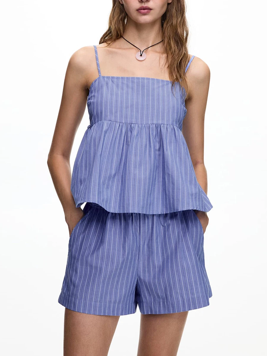 Women 2 Piece Pajamas Set Striped Print Cutout Camisole and Elastic Waist Shorts for Loungewear Soft Sleepwear