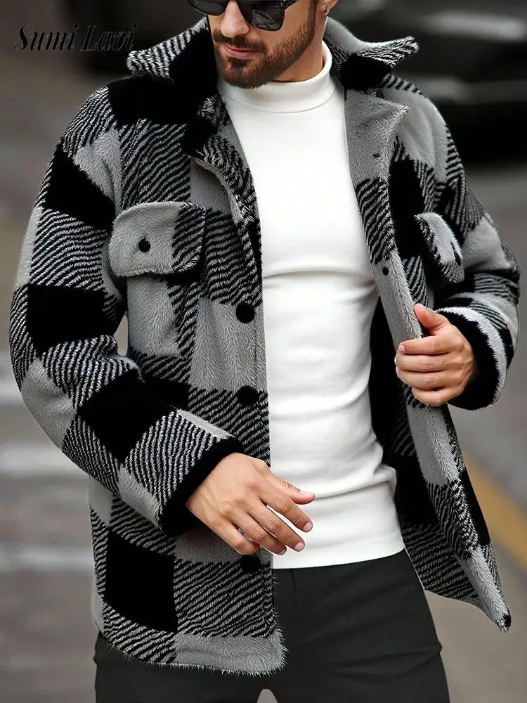 Stylish Plaid Mens Overcoats Furry Cozy Fleece Cardigan Tops Autumn Winter Vintage Button-up Lapel Mens Fleece Jacket Coat