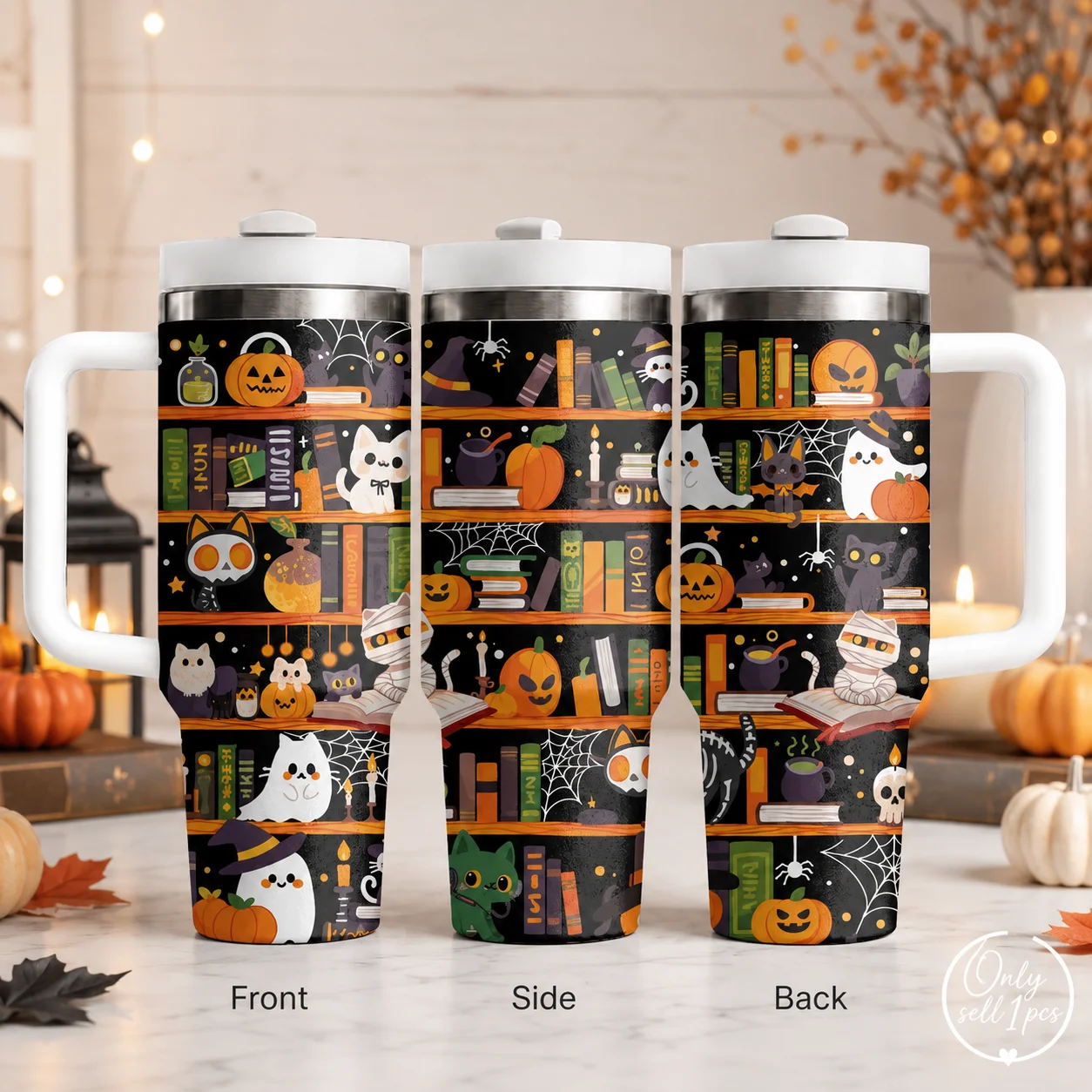 Halloween Cats Spooky Bookshelf Vacuum Flasks 40oz Stainless Steel Insulated Tumbler With Handle & Straw Leakproof Travel Mug