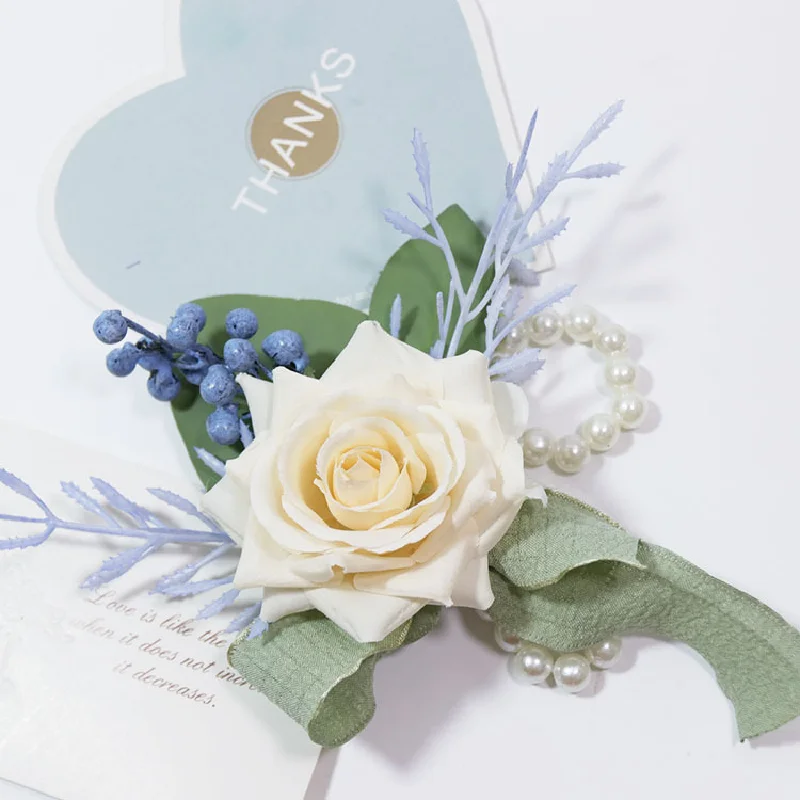 Boutonniere e pulso Corsage para casamento, flor de simulação floral, celebração de negócios, abrindo convidados, flor de busto, branco e bege