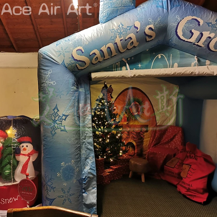 インフレータブルクリスマステント サンタの洞窟 ブルー カスタムクリスマススノーハウス 印刷された雪だるまの暖炉付き ギフト配布用