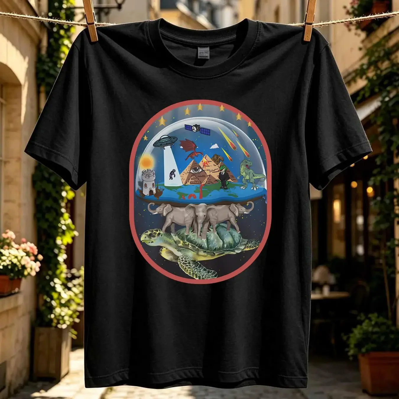 washed T Shirt Flat Earth Elephant World Turtle Aliens UFO Illuminati Tartaria GIFT TEE vintage Washed Comfortable Breathable