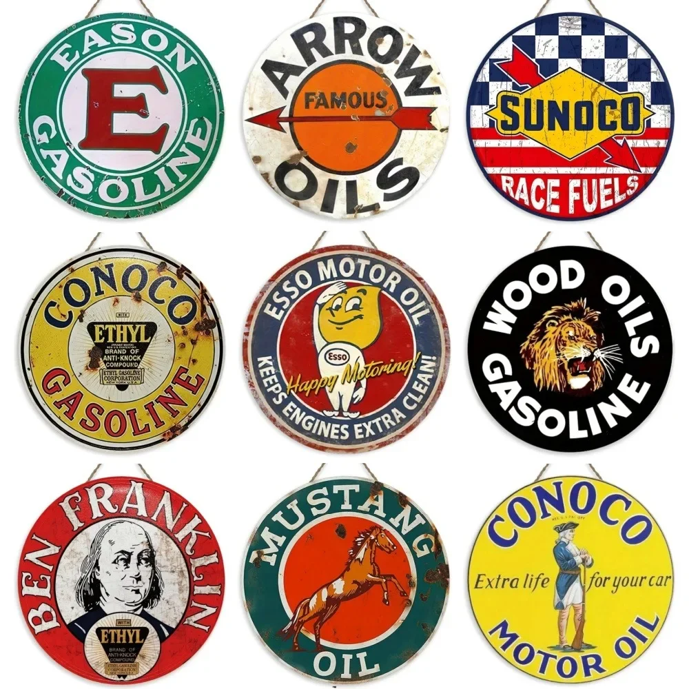 Round Retro Style Wooden Sign Gasoline Replica Sign Hand Painted Plaque Garage Wall Decor Man Cave Car Gas Decor