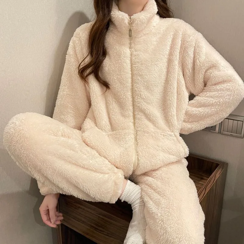 

2024 New Zipper Style Pajamas Women Autumn Winter Coral Velvet Long Sleeves Sleepwear Thickened Plush Homewear Flannel Warm Set