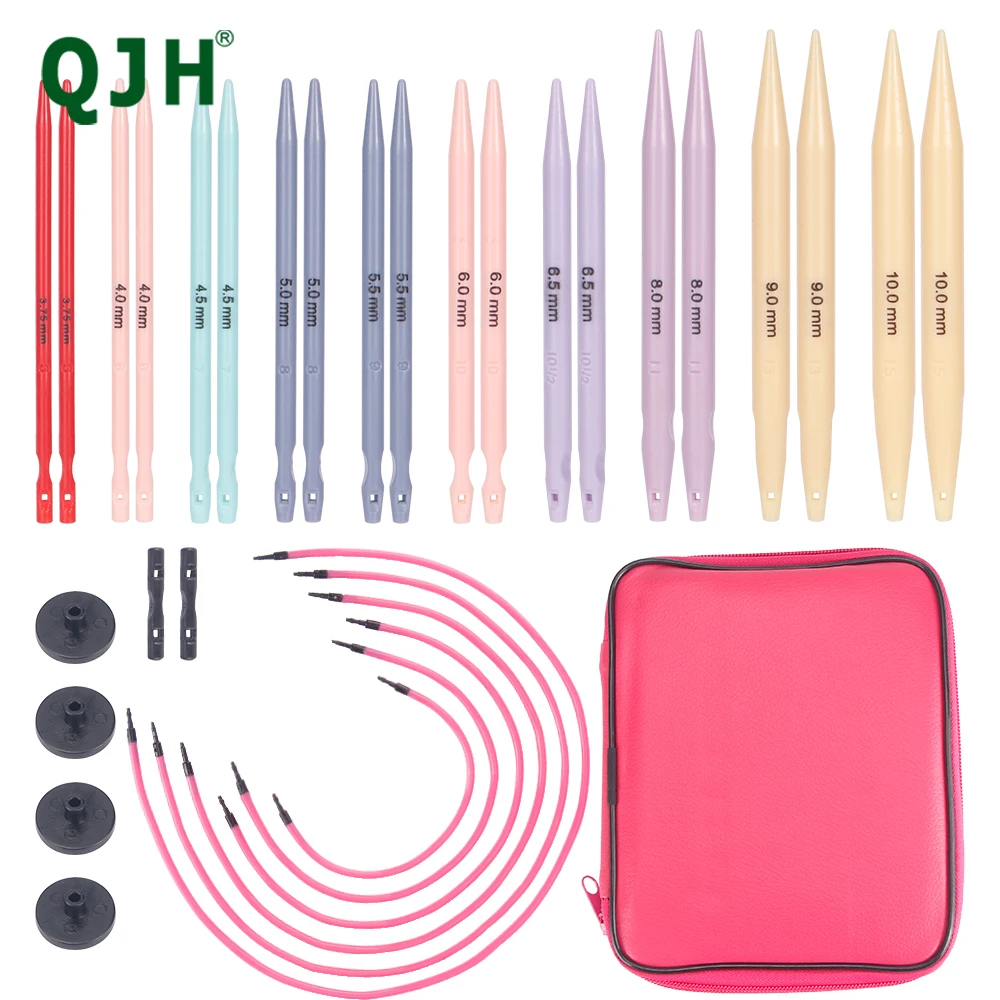 QJH 10 Size ABS Plastic Interchangeable Knitting Needle Set Circular Knitting Needles Set - US 5-15 (Caspian) Pu Bag