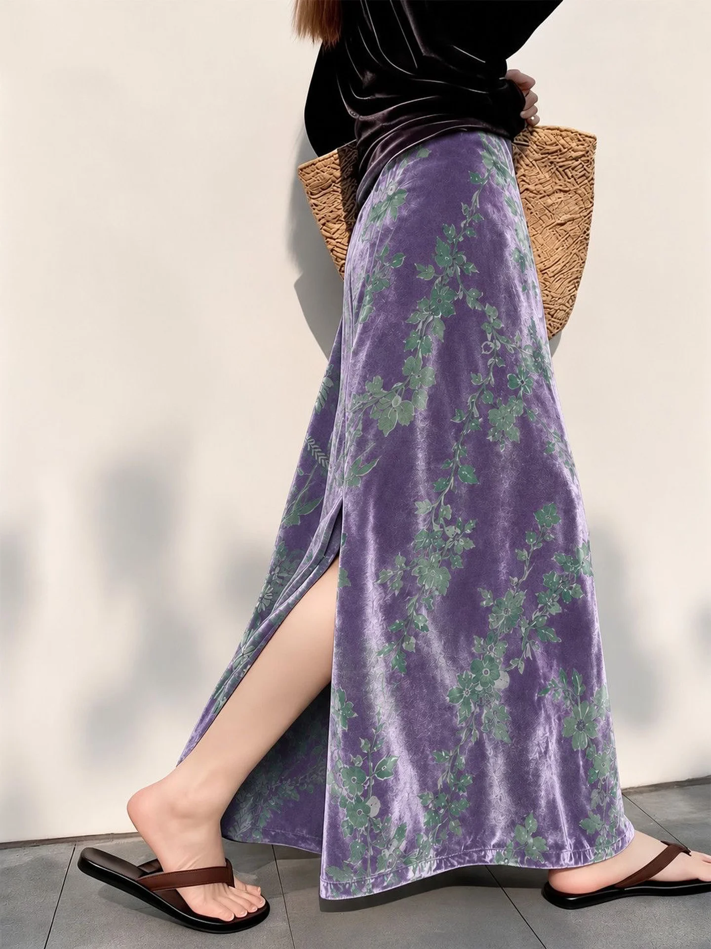 Purple Velvet Slimming Split Midi Skirt Women's Fashionable Retro Korean Style Spring Autumn Season High Waist A-Line Skirt