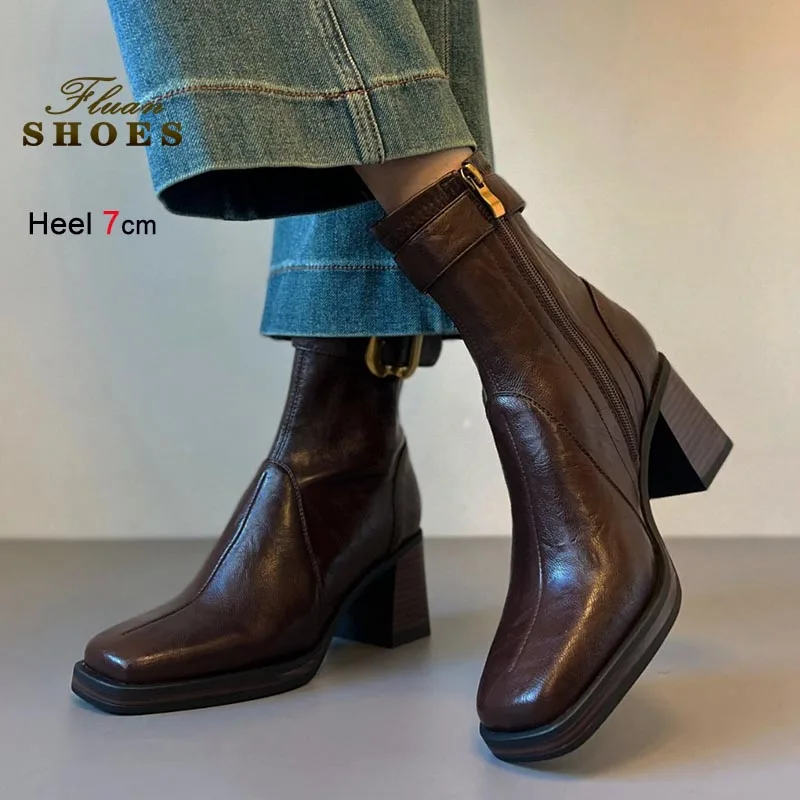 

Autumn Winter Warm Shoes Women Short Boots Fashion Soft Leather 7CM High Heels Retro Coarse Heel Thick Soled Lady Ankle Boots