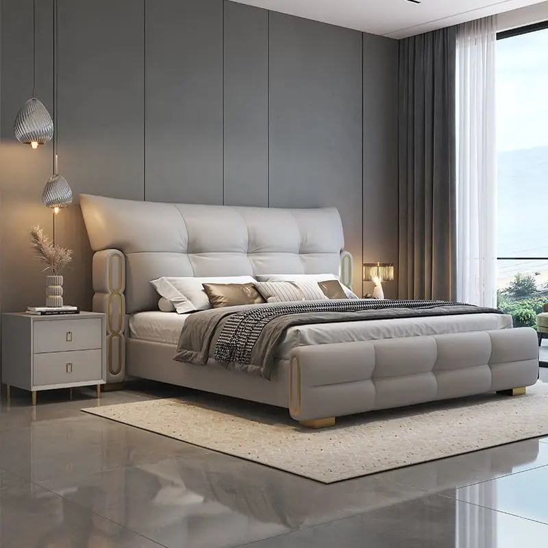 

Italian light luxury soft bag bedside household simple nappa leather bed wedding luxury master bedroom double bed