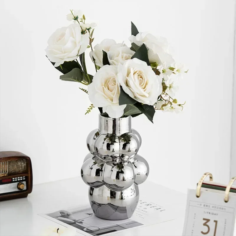 Sliver Bubble Vase Centerpiece Aesthetic Decoration Ceramic Flowerpot Tabletop Wedding Gift Accessories Living Room Pampas Grass