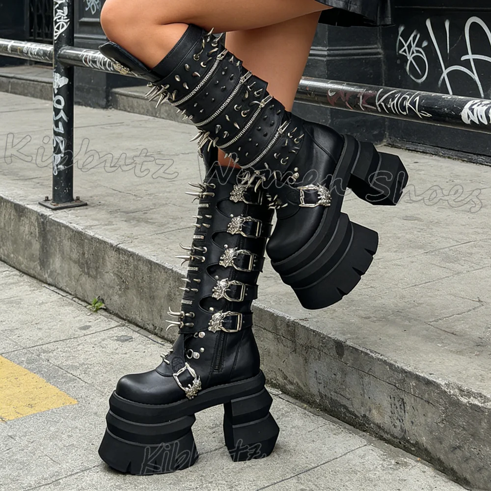 

Knee High Boots Platform Rivets Punk Belt Buckle Leather Women Shoes Round Toe Chunky Heels Fashion Novelty Luxury Elegant New