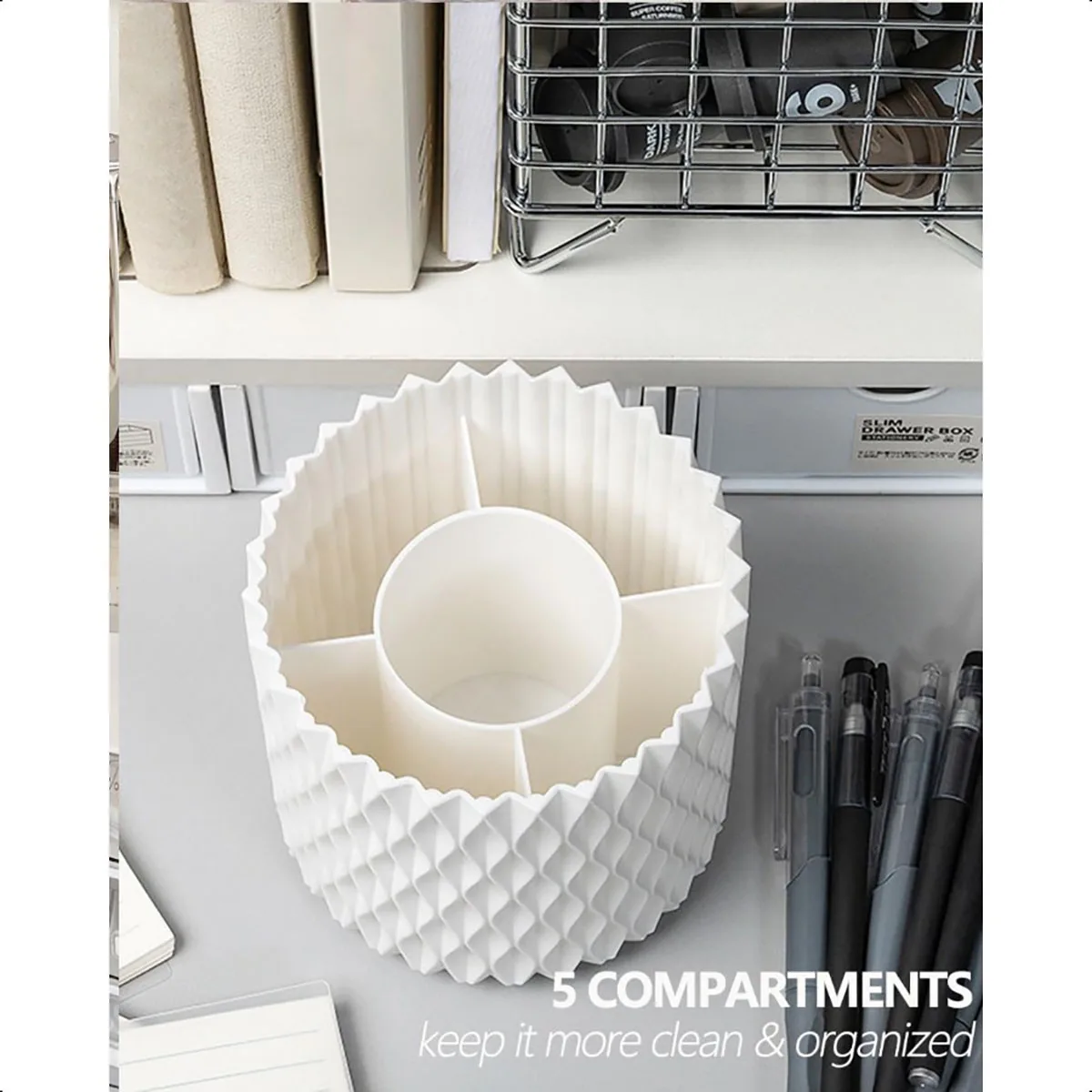 Portapenne girevole per scrivania Organizzatore da scrivania bianco unico a 5 slot Forniture e accessori da scrivania estetici per penna da donna e ragazza