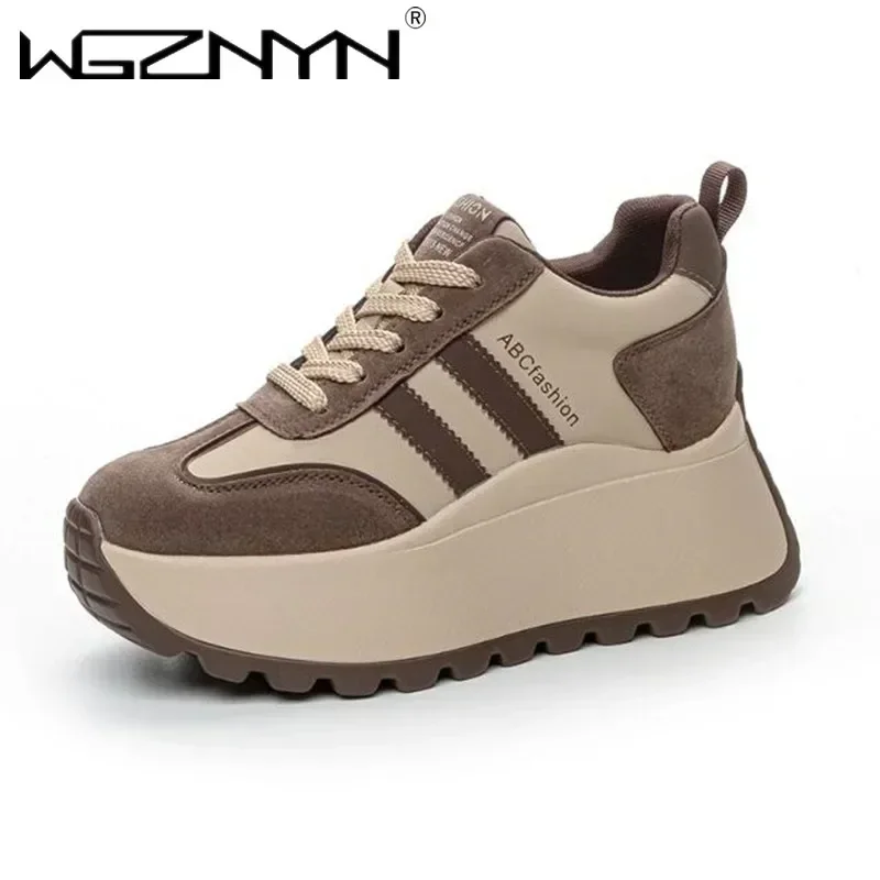 

2026 Thick-soled 8CM Wedge Heels Non-slip Women's Casual Sports Shoes Fashion Round-toed Lace-up Outdoor Hiking Women's Sneaker