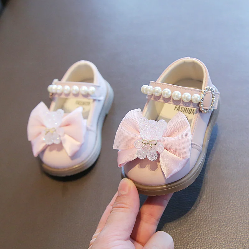 Baby Girl Princess Fashionable Pearl Bow Bear Shoes Soft Sole Toddler Shoes Mary Jane Flat Leather Shoes