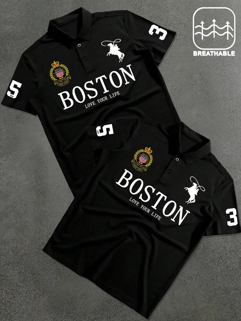 Men's Letter & Number Print Polo Shirt, Fitted Casual Collared, Regular Fit Casual Short Sleeve Top Fashion Men's All Seasons