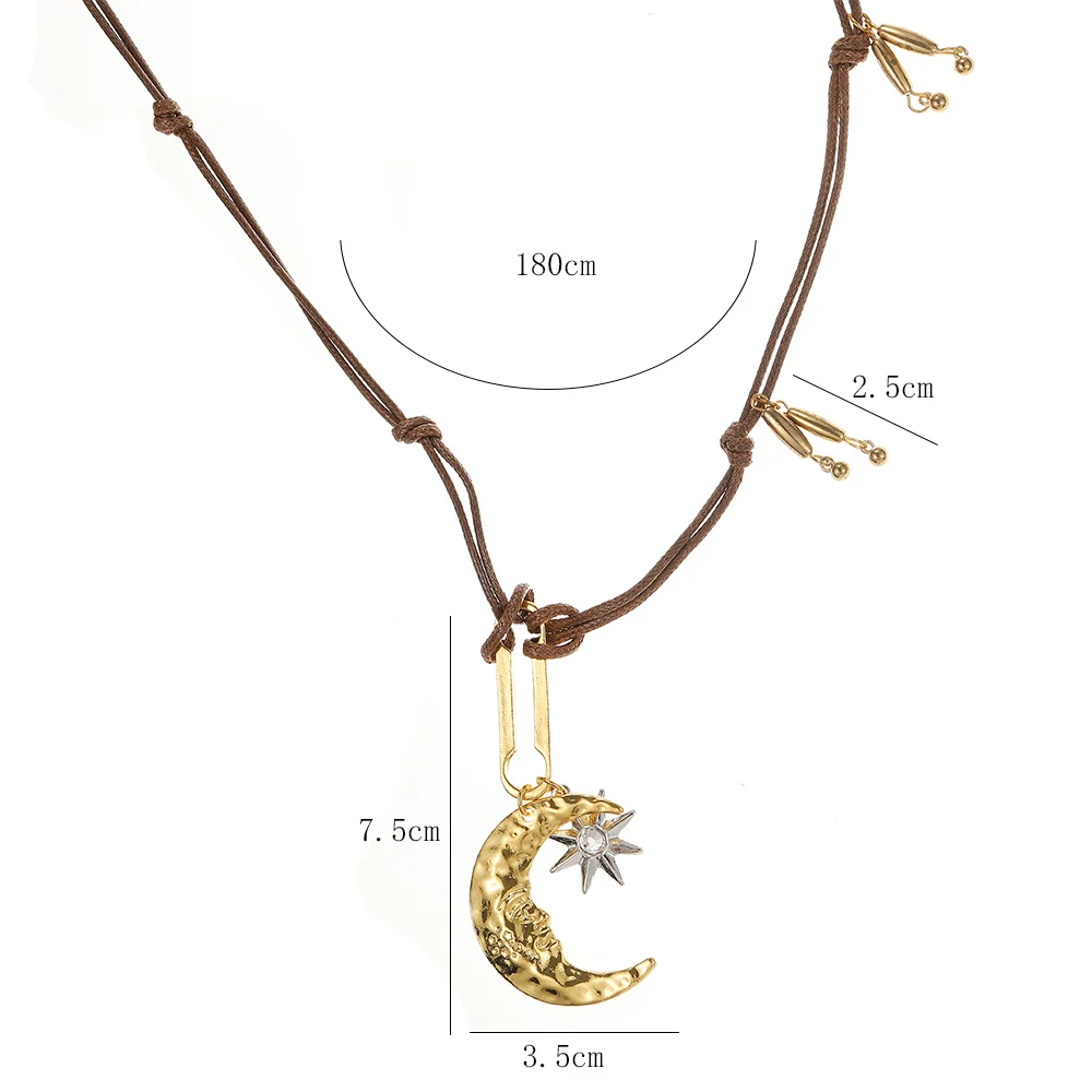 Retro-Boho-Stil, Nischendesign, modische Halbmond-Stern-Wachsseil-Halskette, verstellbare Accessoires für Damen, Schmuckgeschenke – Detail 3