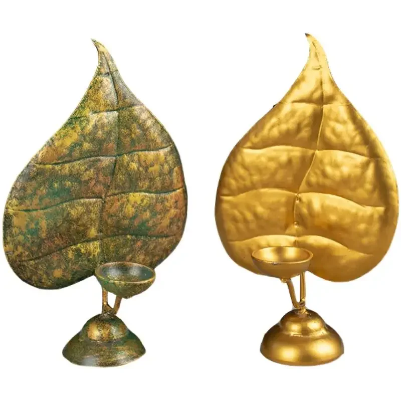 Wrought iron retro style ornament South East Asia Bodhi leaf metal nostalgic retro gold dining table decoration candlestick