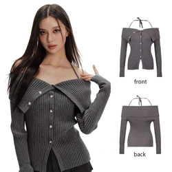 Spring Slash Neck Off Shoulder Women Cardigans Y2k Aesthetic Slim Vintage Grunge Sweaters Trendy Bandage Halter Knitwear Female