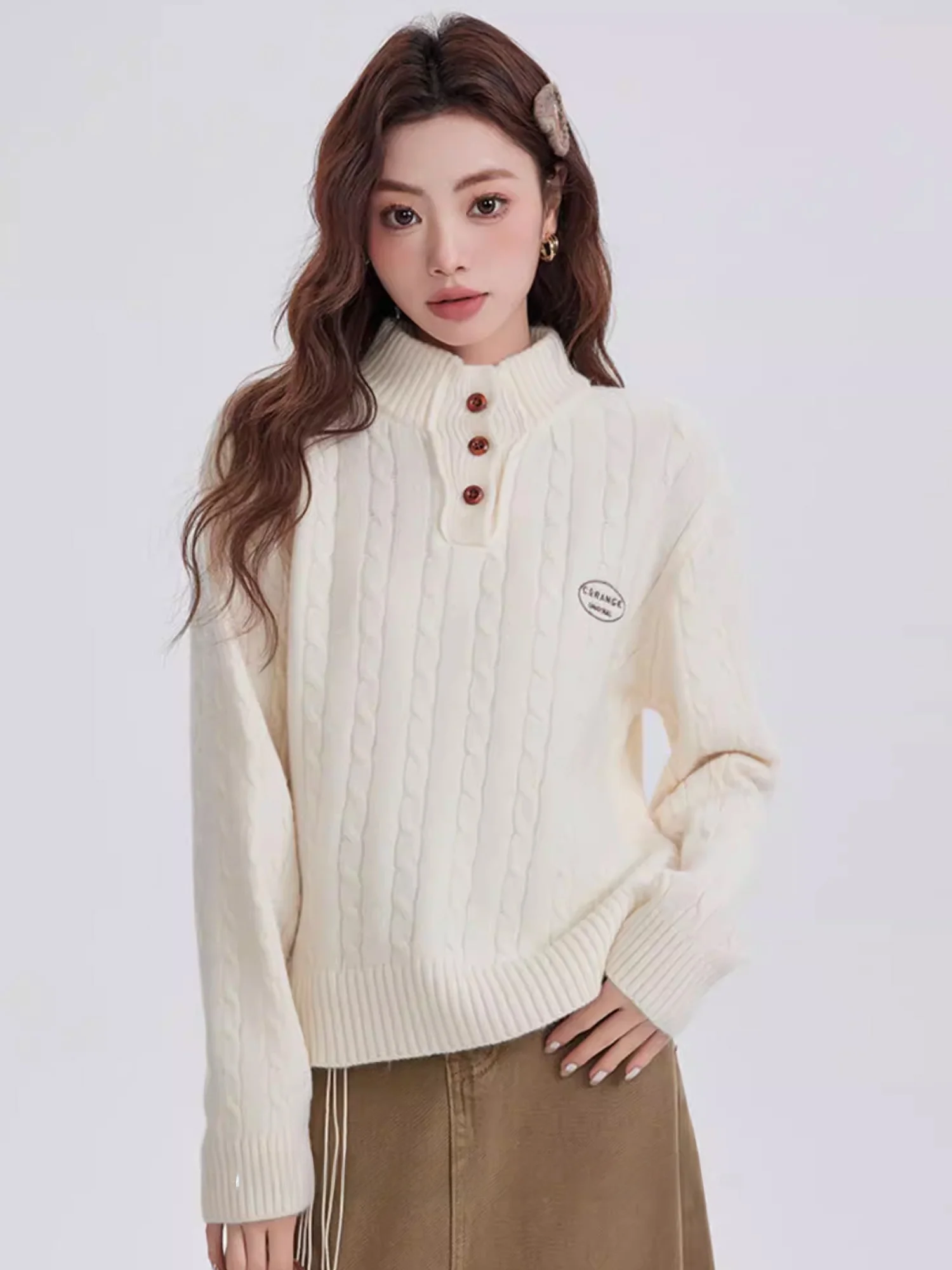 

Loose Knitted High Collar Twist Sweater Women's Base Layer Top Spring New Sle Soft Comfortable College Sle White Sweater
