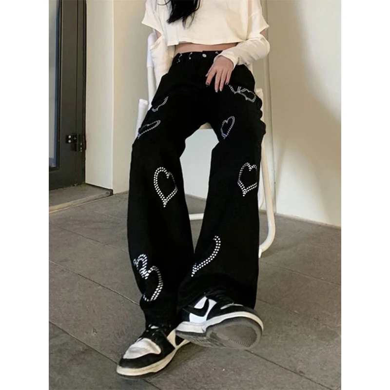 MEXZT-Jeans College Love pour femmes, pantalons en denim taille haute, pantalons à jambes larges, streetwear décontracté, fjt droit, coréen, Y2K, Harajuku