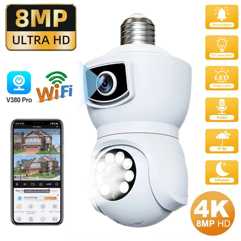 4K 8MP E27 Bulb WiFi Camera Dual Lens Auto Tracking IP Camera Two Way Audio Color Night Vision Security Surveillance Camcorder