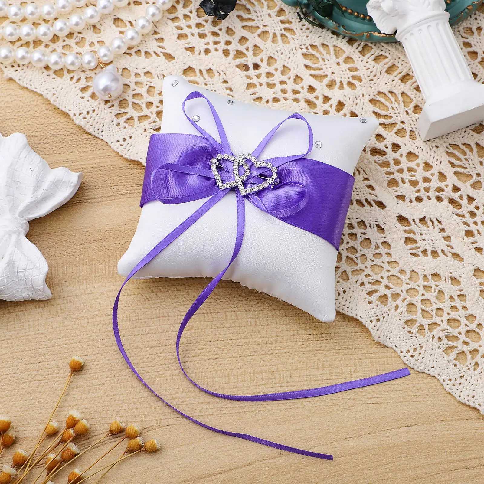 

Double Heart Ring Bearer Pillow Purple Satin Ribbon Bridal Wedding Ceremony Rhinestones Cushion Wedding Ring Pillow