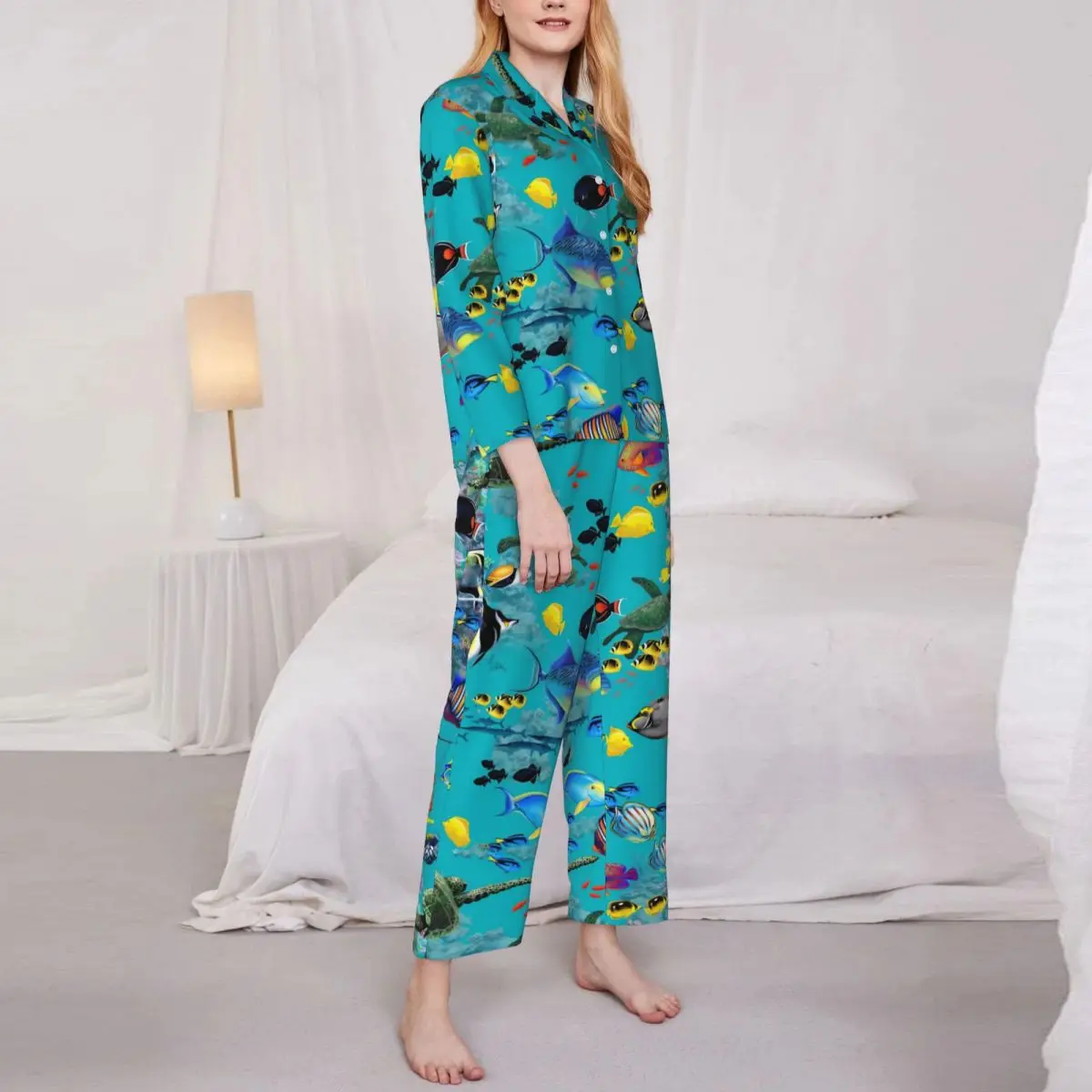 Sea Turtles Pajamas Woman Tropical Fish Kawaii Daily Nightwear Autumn Two Piece Retro Oversized Printed Pajama Set