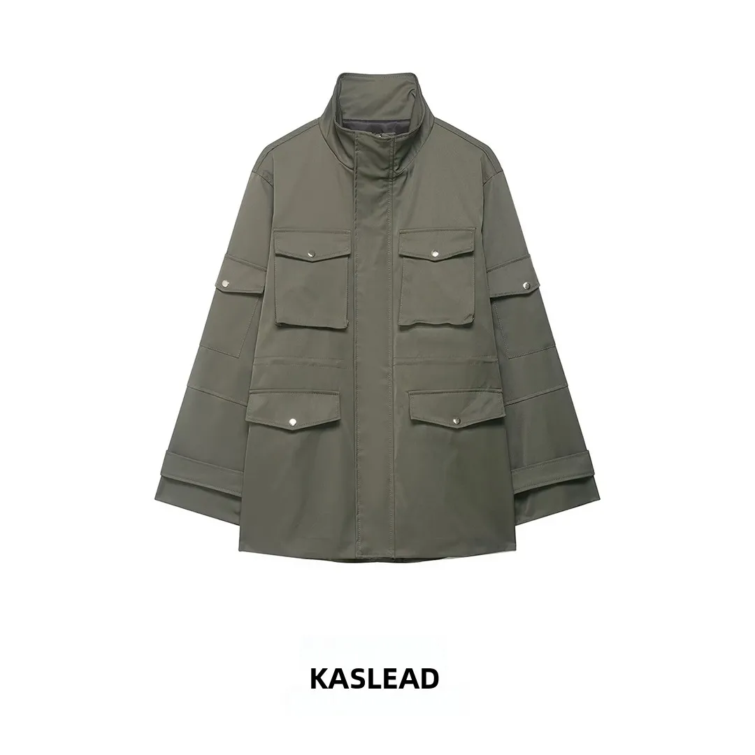 

KASLEAD Новая женская модная куртка в уличном стиле с множеством карманов, рабочая одежда, верхняя одежда из полиэфирного волокна, с длинными рукавами, на молнии